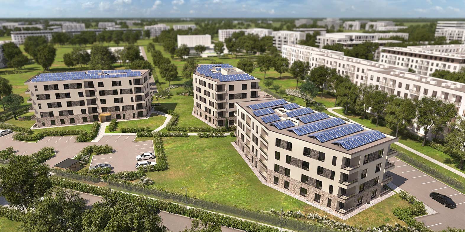 Digitale Ansicht der Gebäude Rückseite der Robert-Koch-Straße mit Parkplatz anderer Winkel