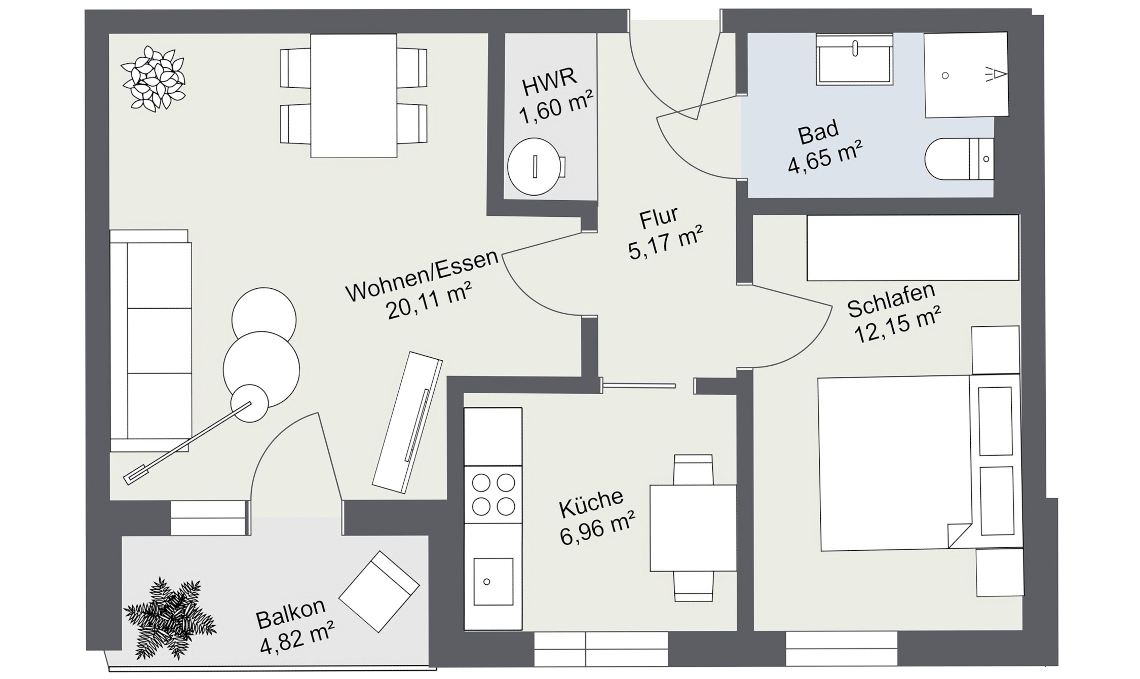 Grundriss 2 Raumwohnung 2D 51,64m² 