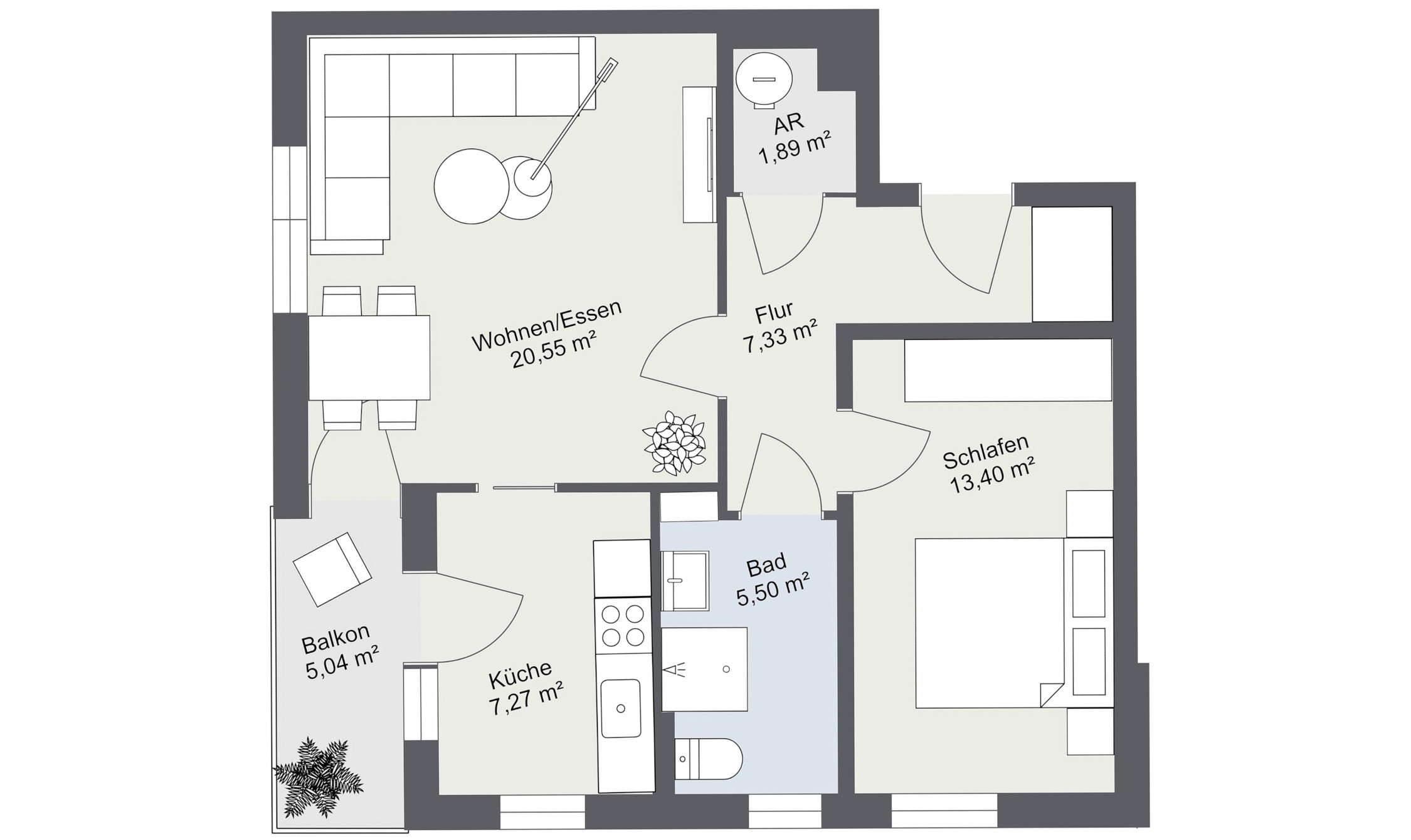 Grundriss 2 Raumwohnung 2D 56,97m² 