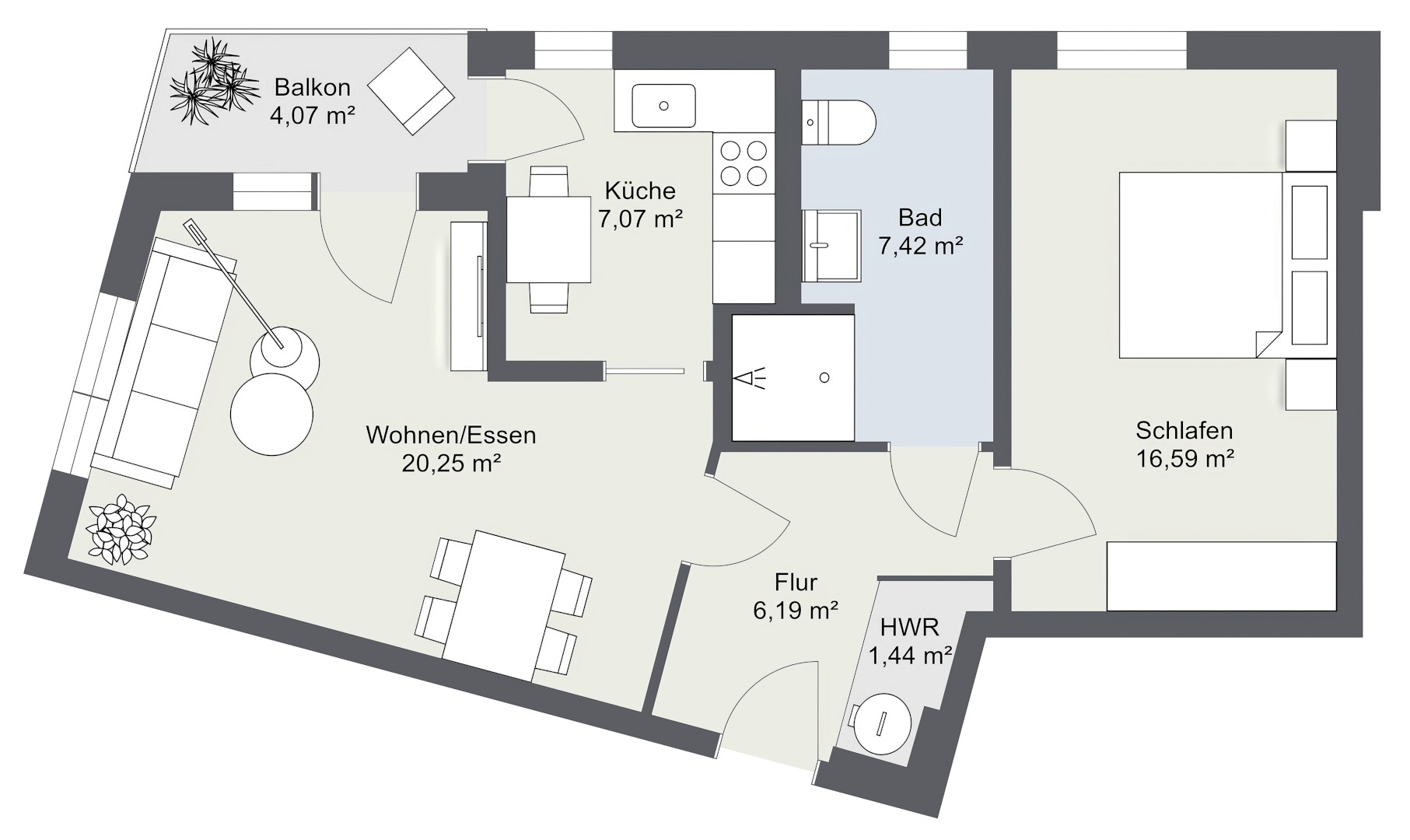 Grundriss 2 Raumwohnung 2D 59,94m² 