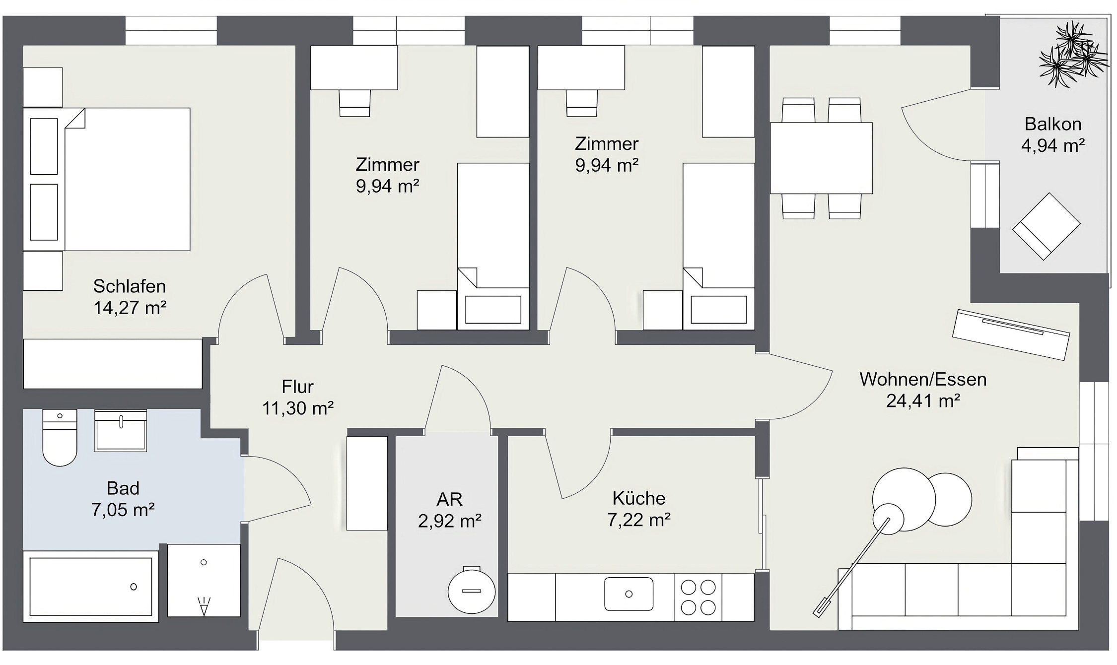 Grundriss 4 Raumwohnung 2D 88,00m² 